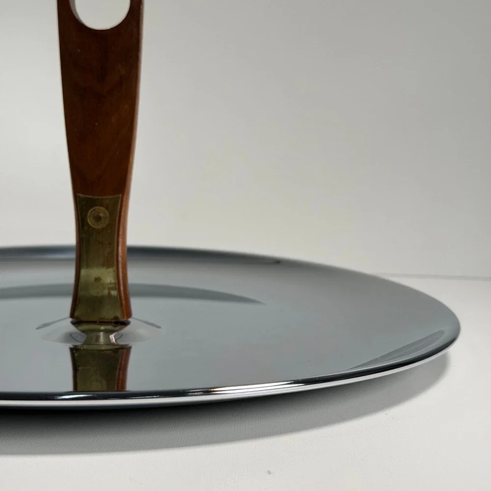 Vintage Kromex Serving Dish Tray MCM Cosmic Wood Brass Chrome‎ Silver Dinnerware